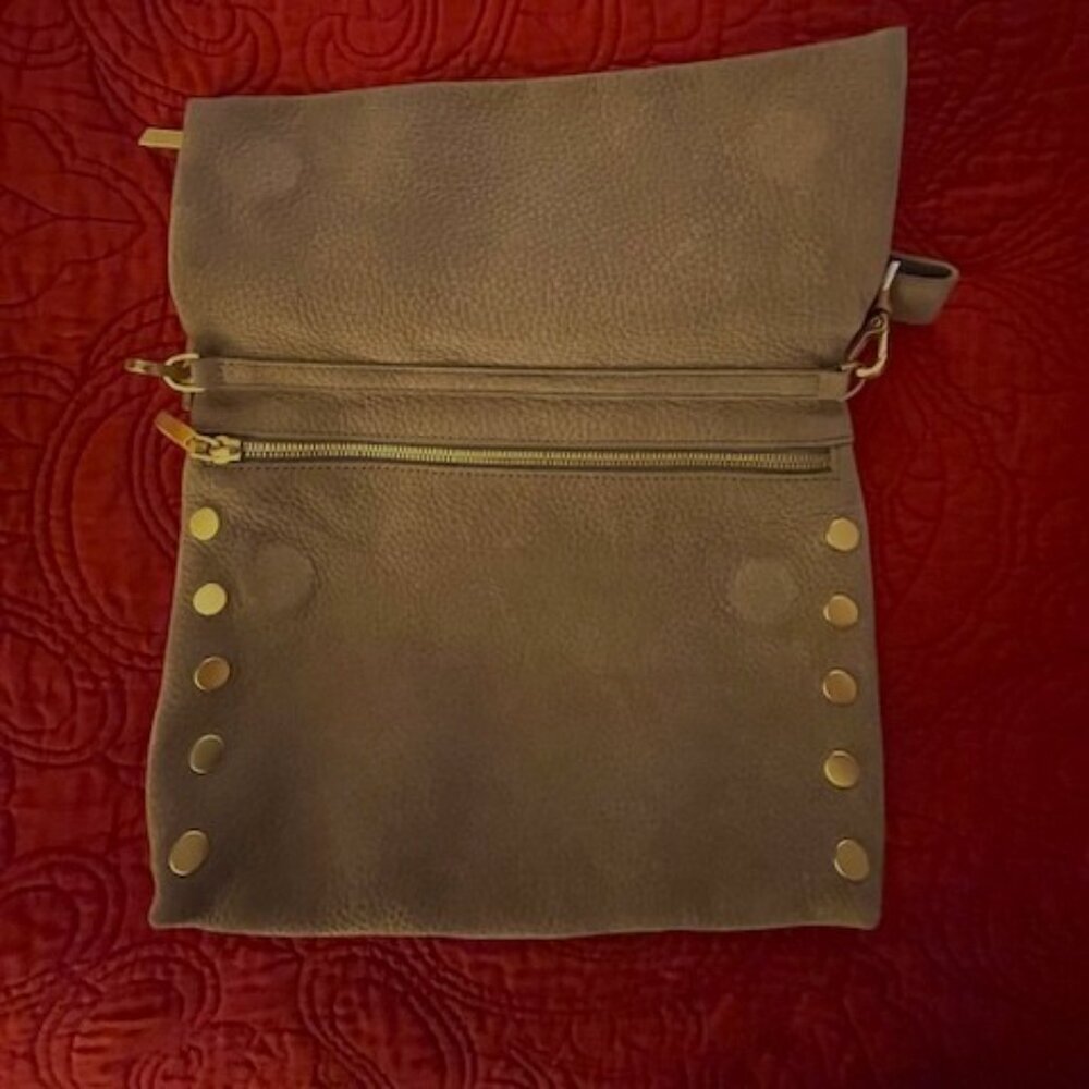 Hammitt VIP Large Fold-Over Leather Crossbody Clutch - Grey/Taupe Gold Hardware - Picture 3 of 7